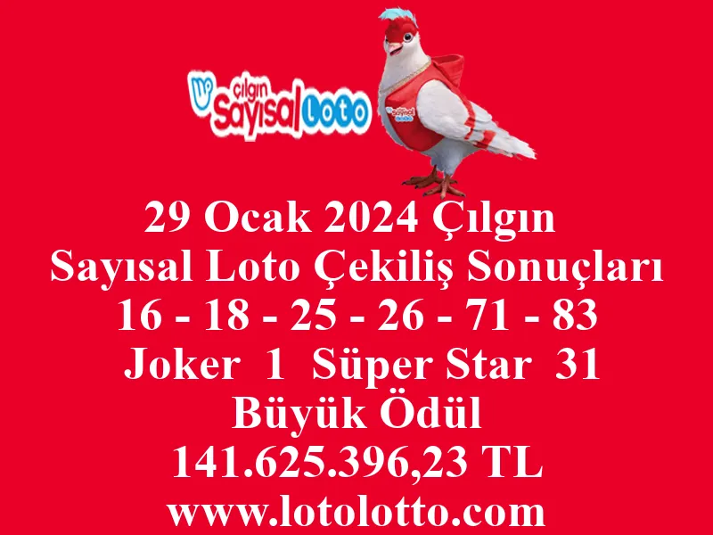 29 Ocak 2024 Çılgın Sayısal Loto Çekiliş Sonuçları