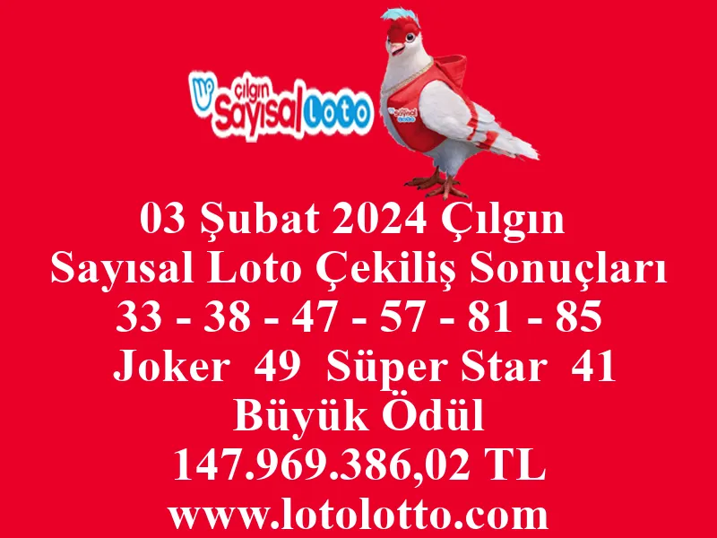 03 Şubat 2024 Çılgın Sayısal Loto Çekiliş Sonuçları