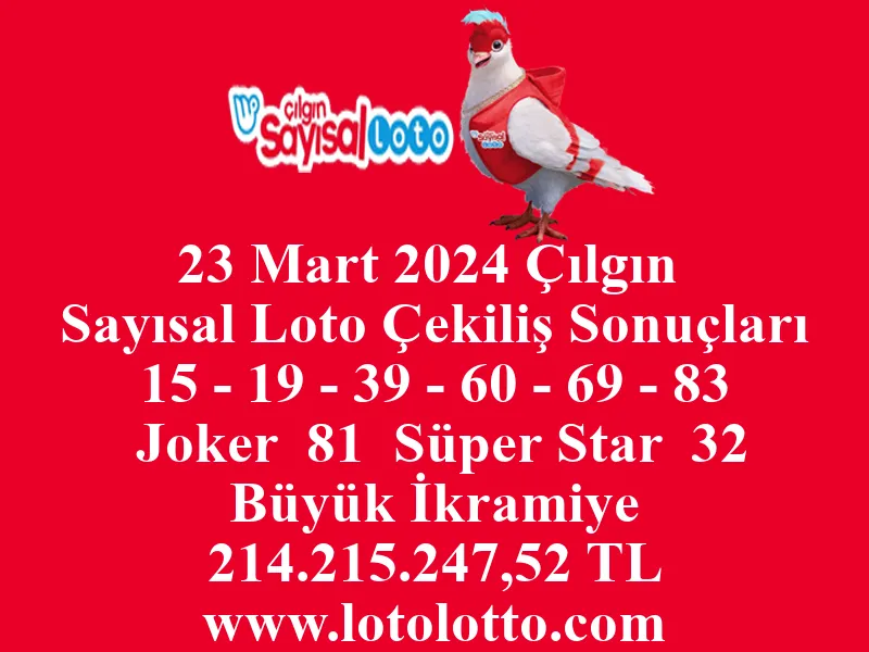 23 Mart 2024 Çılgın Sayısal Loto Çekiliş Sonuçları