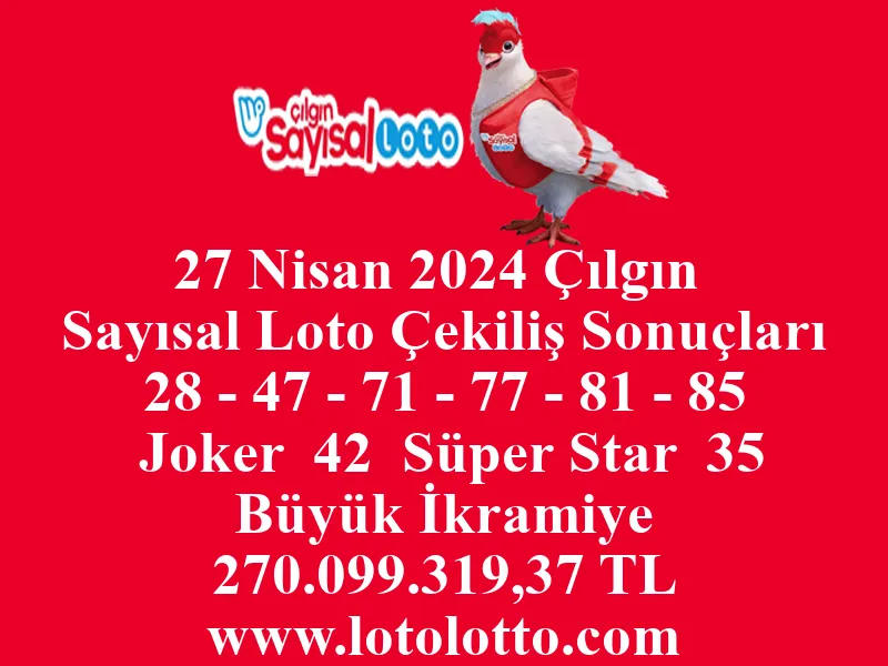 27 Nisan 2024 Çılgın Sayısal Loto Çekiliş Sonuçları