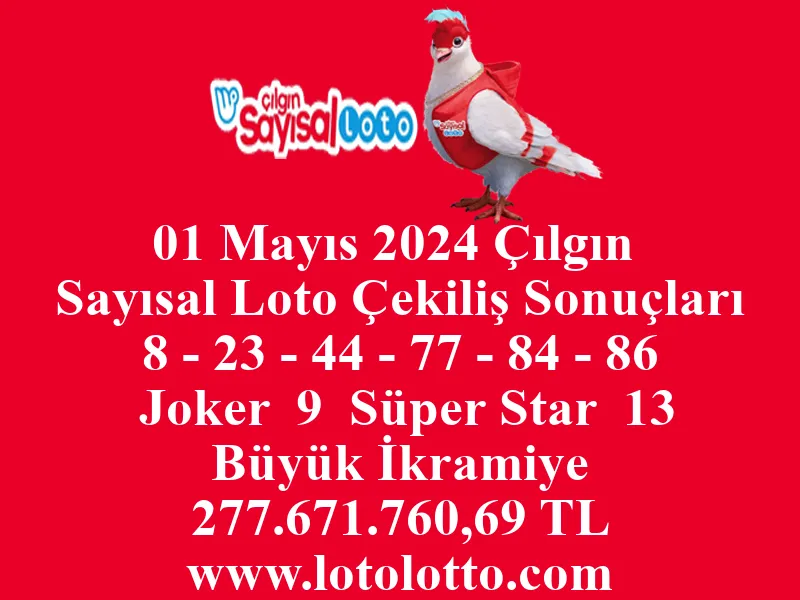 01 Mayıs 2024 Çılgın Sayısal Loto Çekiliş Sonuçları