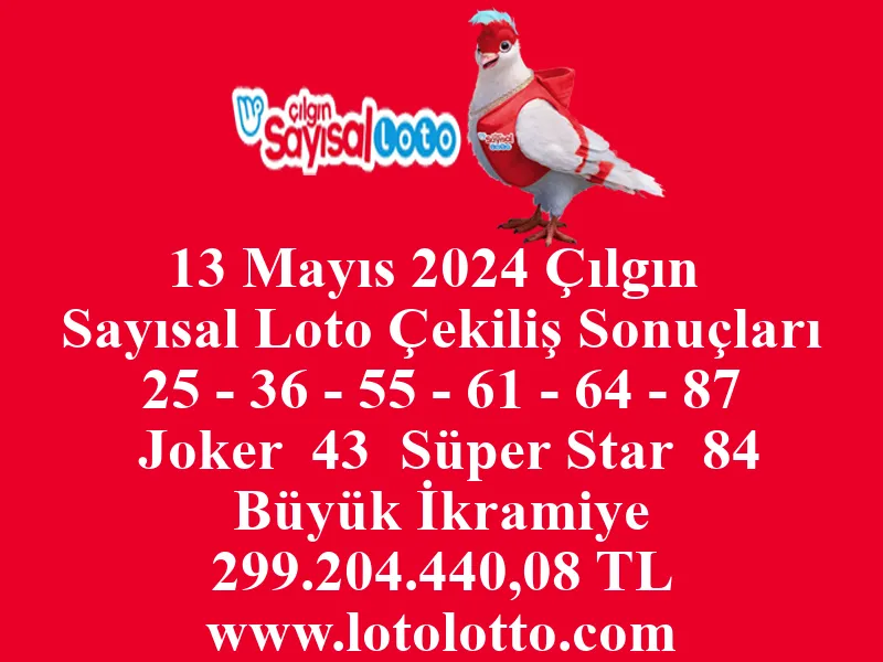 13 Mayıs 2024 Çılgın Sayısal Loto Çekiliş Sonuçları