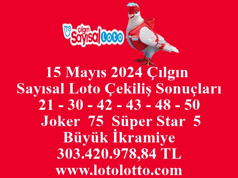 15 Mayıs 2024 Çılgın Sayısal Loto Çekiliş Sonuçları