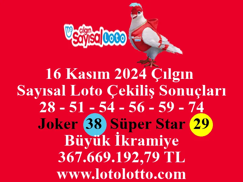 16 Kasım 2024 Çılgın Sayısal Loto Çekiliş Sonuçları