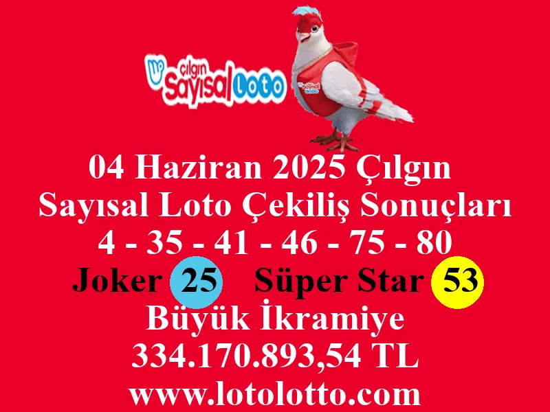 04 Haziran 2025 Çılgın Sayısal Loto Çekiliş Sonuçları