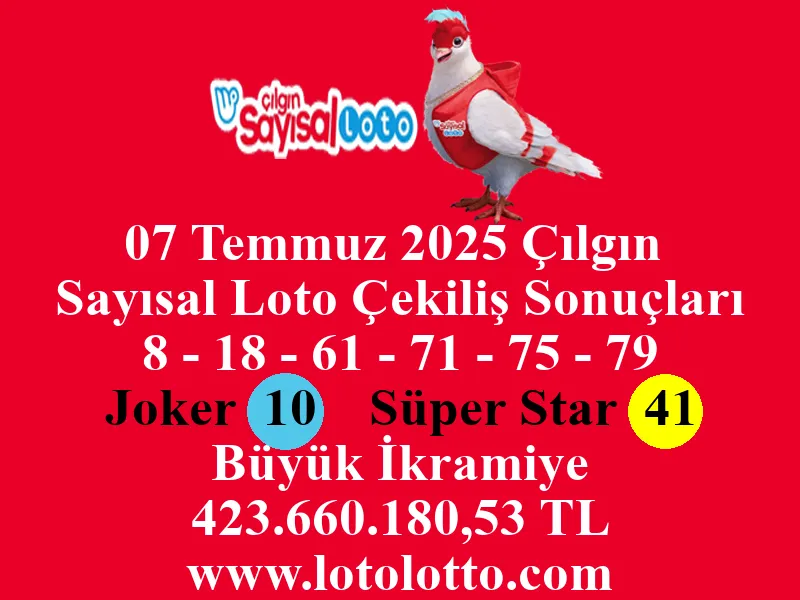 07 Temmuz 2025 Çılgın Sayısal Loto Çekiliş Sonuçları