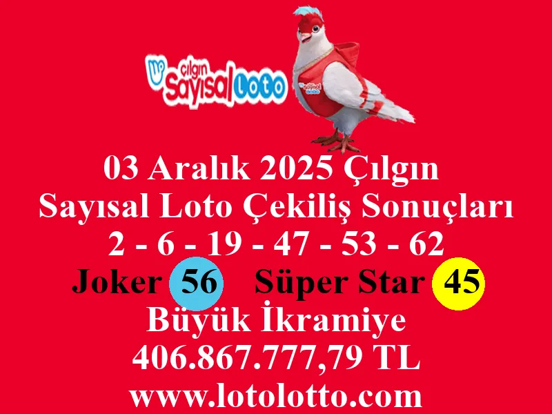 03 Aralık 2025 Çılgın Sayısal Loto Çekiliş Sonuçları