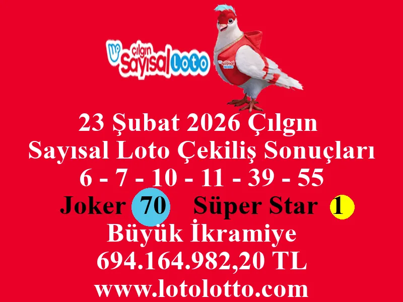 23 Şubat 2026 Çılgın Sayısal Loto Çekiliş Sonuçları 23 Şubat 2026 Çılgın Sayısal Loto Çekiliş Sonuçları