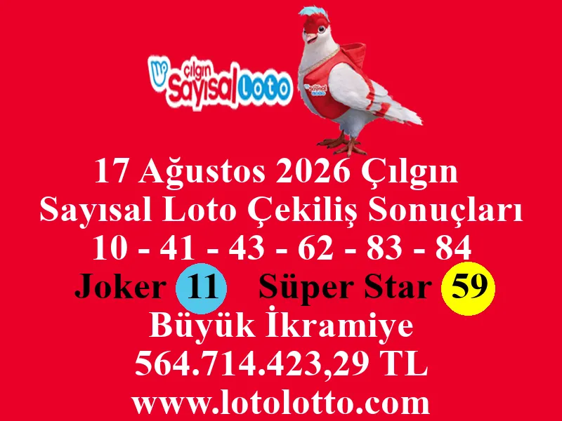 17 Ağustos 2026 Çılgın Sayısal Loto Çekiliş Sonuçları 17 Ağustos 2026 Çılgın Sayısal Loto Çekiliş Sonuçları