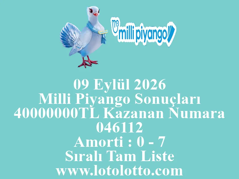 09 Eylül 2026 Milli Piyango Sonuçları 09 Eylül 2026 Milli Piyango Sonuçları